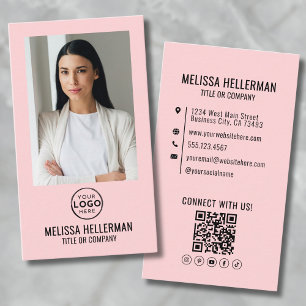 Carte De Visite Logo Code QR Photo Minimaliste Rose Fard Vertical