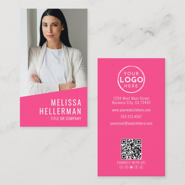 Carte De Visite Logo Code QR Photo Rose Vertical (Devant / Derrière)