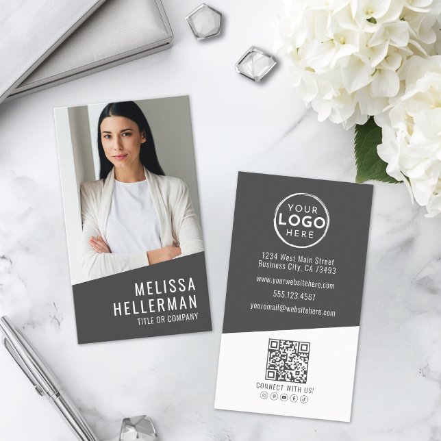 Carte De Visite Logo Code QR Photo Vertical Moderne (Modern Photo QR Code Logo Vertical Business Card )