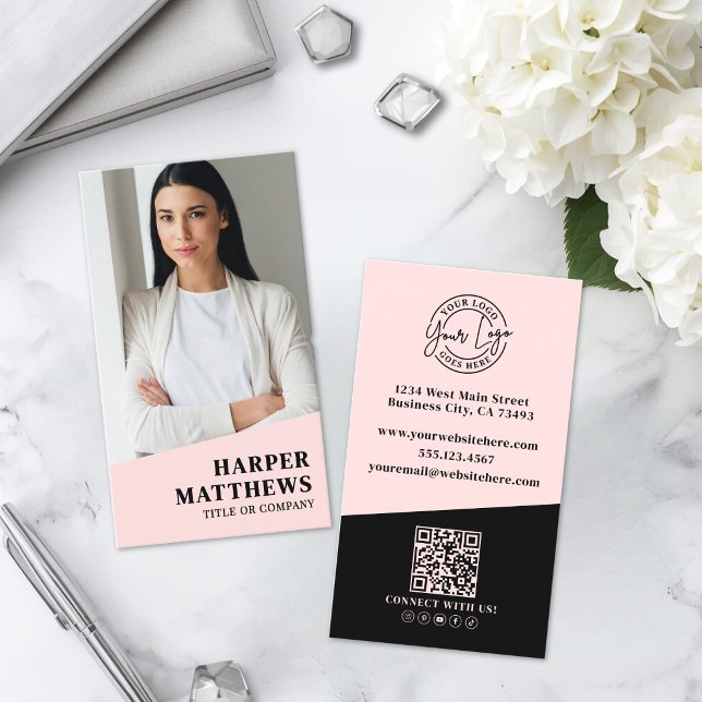 Carte De Visite Logo Code QR Rose Pâle (Logo QR Code Blush Pink Business Card)