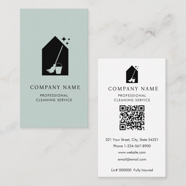 Carte De Visite Logo Code QR Sarcelle Services de Nettoyage de Pro (Devant / Derrière)