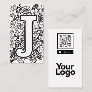 Carte De Visite Logo de code QR de Floral noir et blanc monogramme
