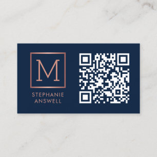 Carte De Visite Logo de code QR de la Marine Monogram Rose Gold