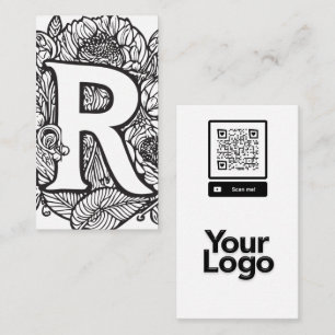 Carte De Visite Logo de code QR monogramme R noir et blanc Floral