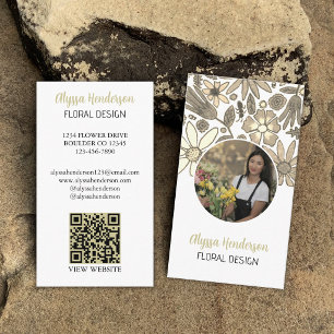Carte De Visite Logo de code QR photo floral élégant beige et blan