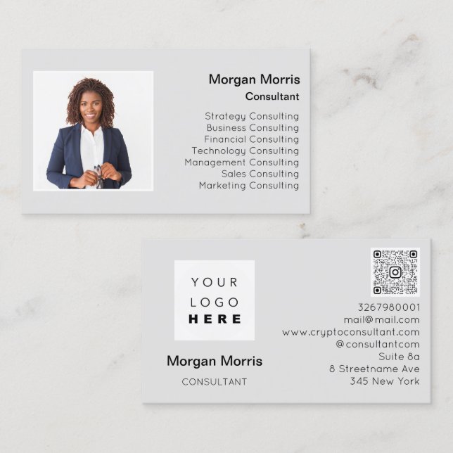 Carte De Visite Logo de code QR Photo Professional Société Gris (Devant / Derrière)