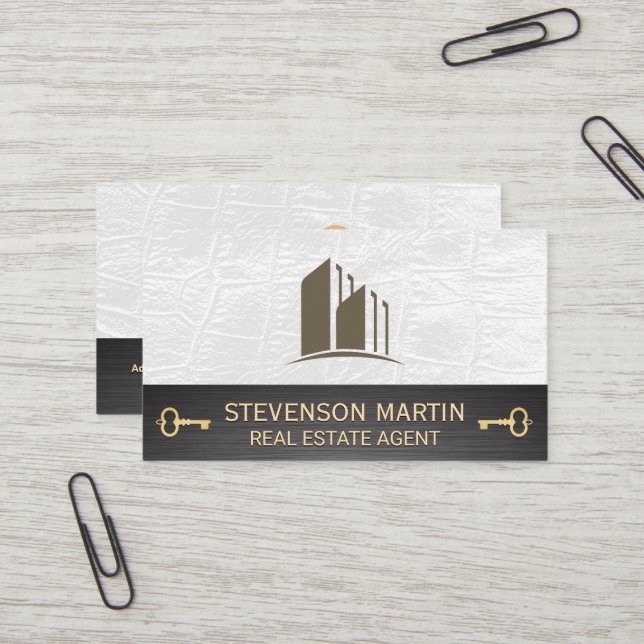 Carte De Visite Logo de construction | Cuir blanc | Clé de squelet (Devant/Arrière en situation)