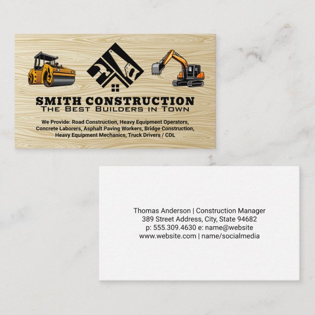 Carte De Visite Logo de construction | Machines lourdes | Grain de (Devant / Derrière)