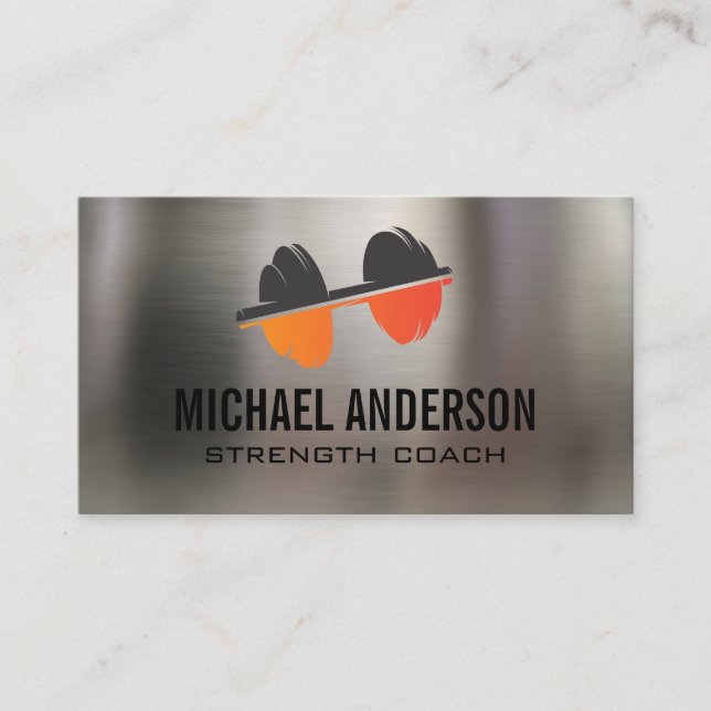Carte De Visite Logo de Dumbbell | Fitness | Arrière - plan métall (Devant)