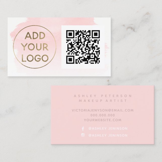 Carte De Visite Logo de la brosse à aquarelle rose Code Qr (Devant / Derrière)