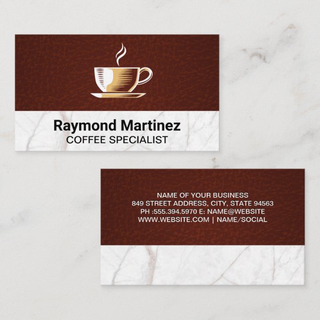 Carte De Visite Logo de la coupe de café | Marbre et cuir (Devant / Derrière)