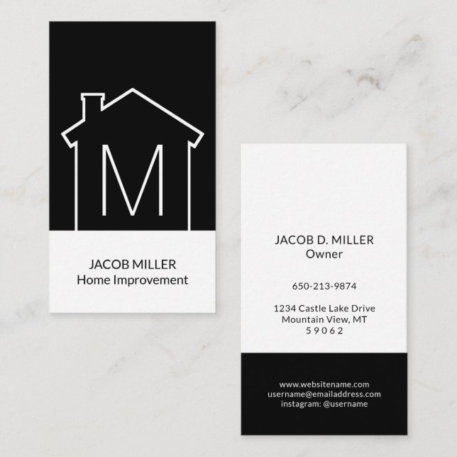 Carte De Visite Logo de la maison moderne Monogramme Vertical Noir (Devant / Derrière)