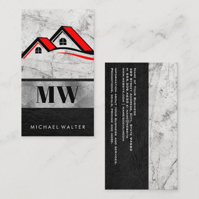 Carte De Visite Logo de la maison | Monogramme | Cuir en marbre (Devant / Derrière)
