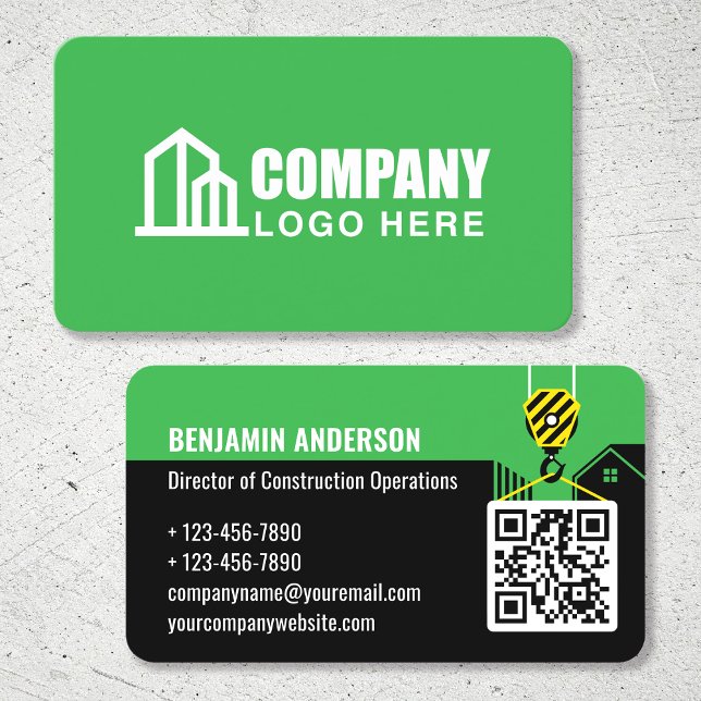 Carte De Visite Logo de la société de construction QR Code Vert (Créateur téléchargé)