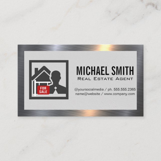Carte De Visite Logo de l'agent immobilier | Bordure métallique (Devant)