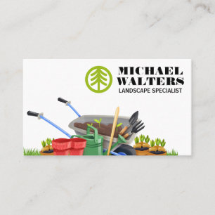 Carte De Visite Logo de l'arbre   Outils de jardinage en tonneau d