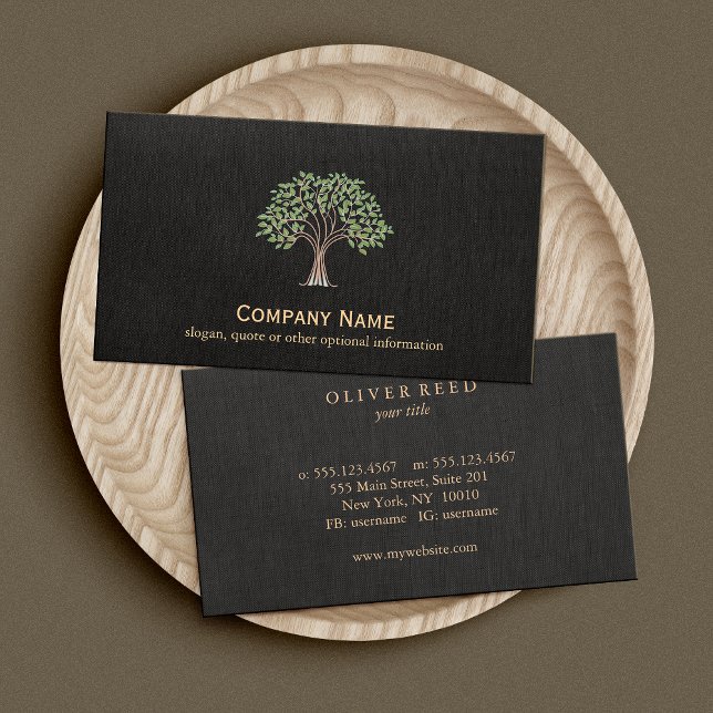 Carte De Visite Logo de l'arbre vert Nature Faux noir Lin (Créateur téléchargé)