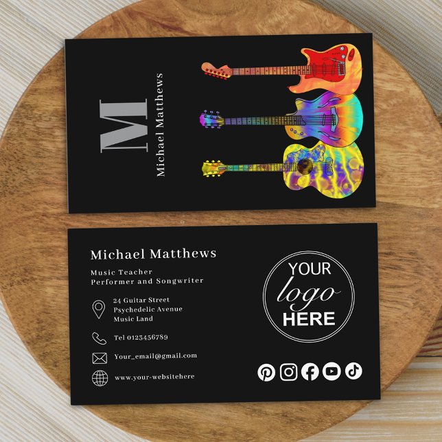 Carte De Visite Logo de l'enseignant de guitare Modèle médias soci (Modern guitar music teacher professional musician logo social media Business card)