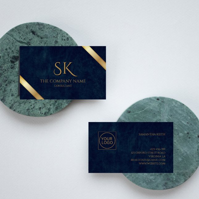 Carte De Visite Logo de l'entreprise Monogram Marine Blue Leather (Créateur téléchargé)
