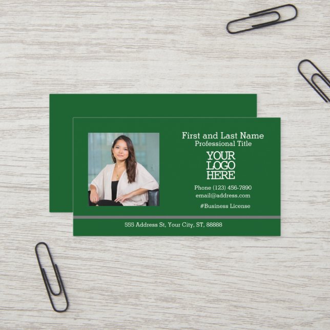 Carte De Visite Logo de l'entreprise | Photo de l'employé Vert fon (Devant/Arrière en situation)