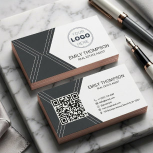 Carte De Visite Logo de l'immobilier à code QR Art déco noir moder