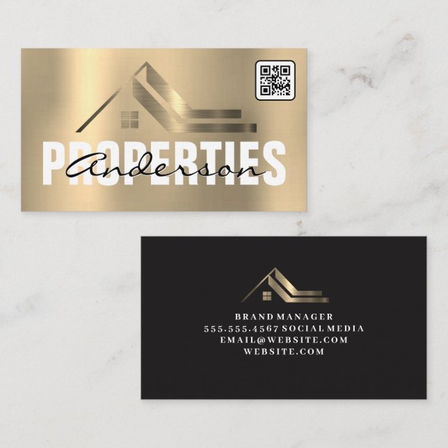Carte De Visite Logo de l'immobilier métal or | Code QR (Devant / Derrière)