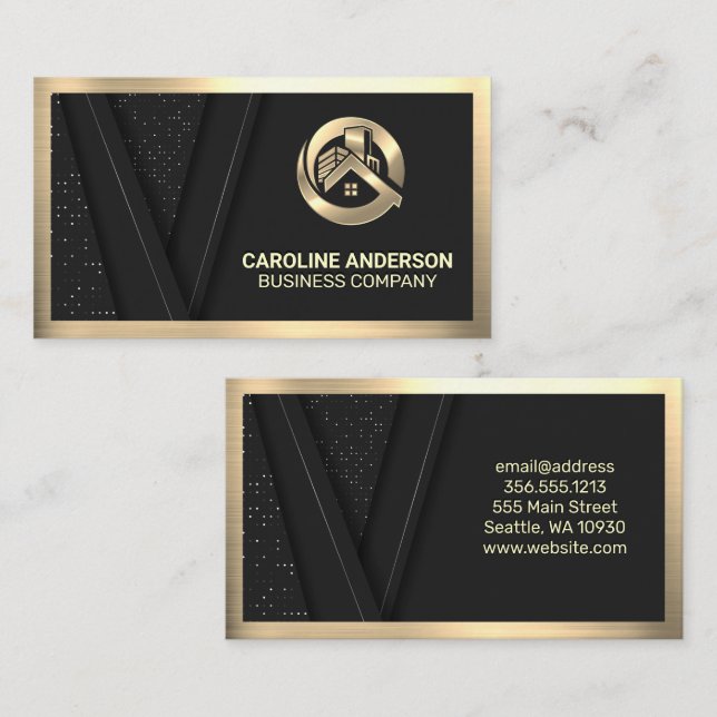 Carte De Visite Logo de l'immobilier métal or | Motif Lux noir (Devant / Derrière)