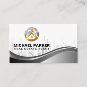 Carte De Visite Logo de l'immobilier métal or   Ville Skyline
