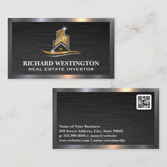 Carte De Visite Logo de l'immobilier métallique Gold Silver | QR (Devant / Derrière)