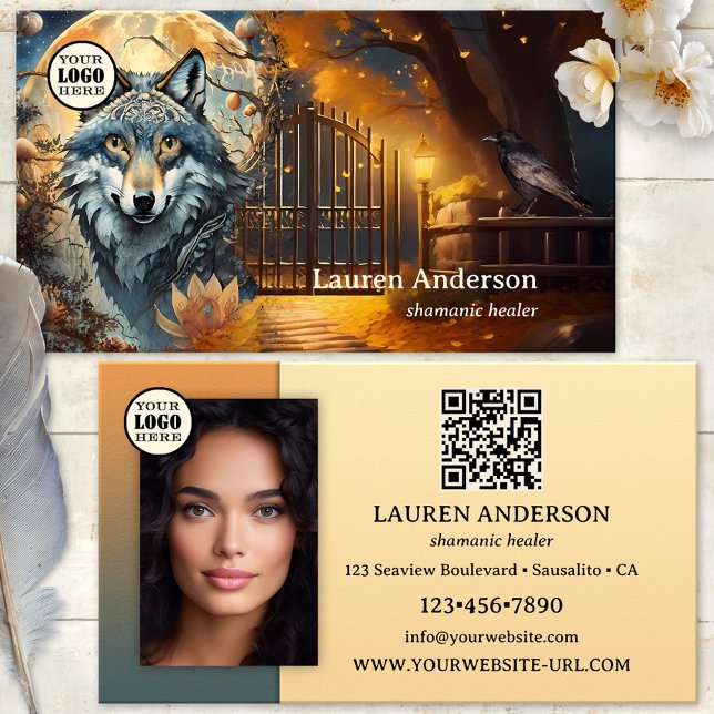 Carte De Visite Logo de loup de Pleine lune QR Code Shaman (Business card featuring an artistic design with a wolf at full moon with a gate and raven - shaman)