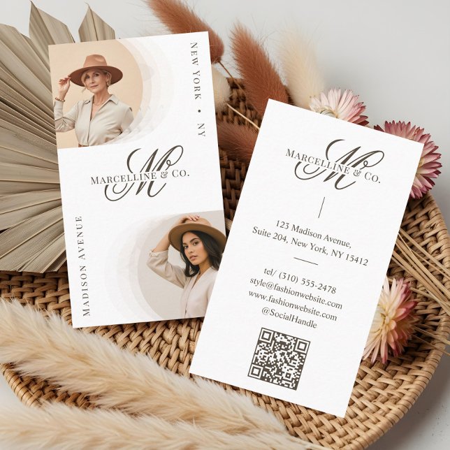 Carte De Visite Logo de luxe chic écriture monogramme photo de cré (Luxury Chic Script Monogram Fashion Designer Photo Business Card)