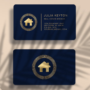Carte De Visite Logo de maison immobilière bleu marine or arrondi