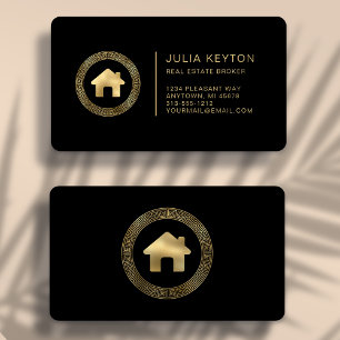 Carte De Visite Logo de maison immobilière noir or arrondi