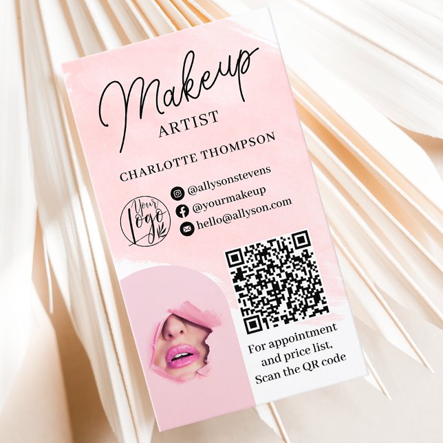 Carte De Visite Logo de maquillage d'aquarelle Qr code 2 photos (Watercolor makeup logo Qr code 2 photos Business Card)