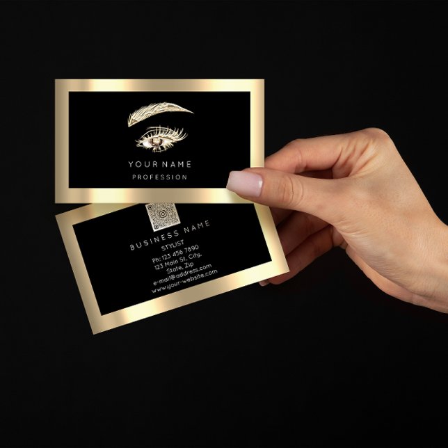Carte De Visite Logo de maquillage Eyelash Brow Qr Code Black Gold (Eyelash Brow Makeup Logo Qr Code Black Gold Frame Business Card)