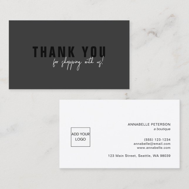 Carte De Visite Logo de Merci noir à script minimal (Devant / Derrière)