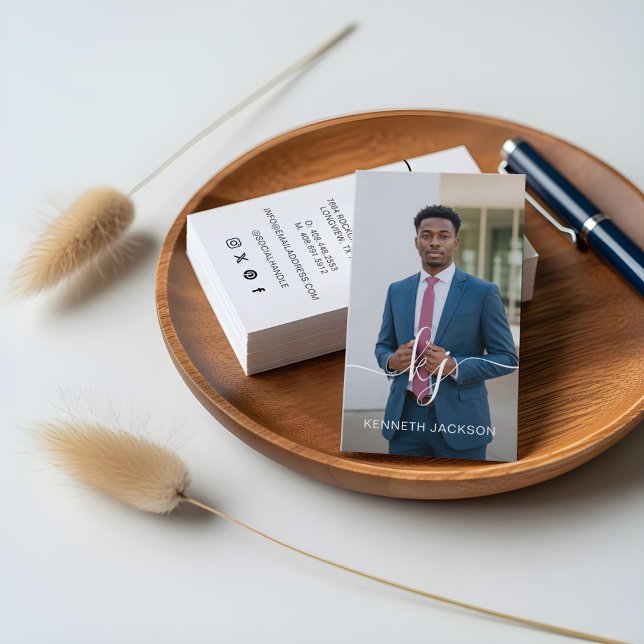 Carte De Visite Logo de monogramme de calligraphie de script éléga (Elegant Script Calligraphy Monogram Logo & Photo Business Card)