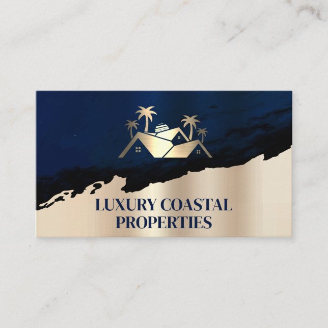 Carte De Visite Logo de palmier immobilier | Or bleu (Devant)