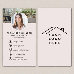 Carte De Visite Logo de photo d'agent immobilier rose poudré