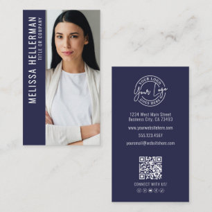 Carte De Visite Logo de photo de code QR professionnel bleu marine