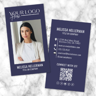 Carte De Visite Logo de photo de code QR professionnel bleu marine