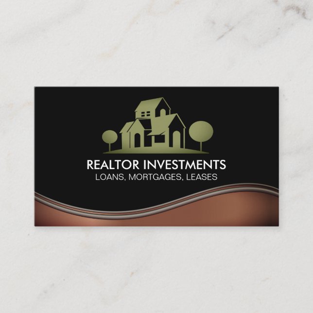 Carte De Visite Logo de propriété de la maison | Vague métallique (Devant)