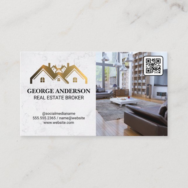 Carte De Visite Logo de propriété Gold | Salon | Code QR (Devant)