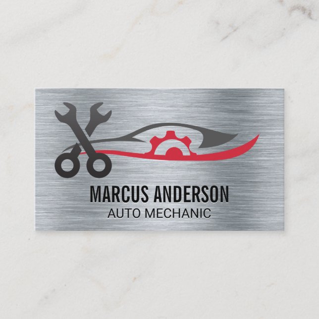 Carte De Visite Logo de réparation automatique | Métallique brossé (Devant)