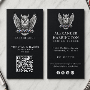 Carte De Visite Logo de salon de coiffure Modern Silver Owl Barber