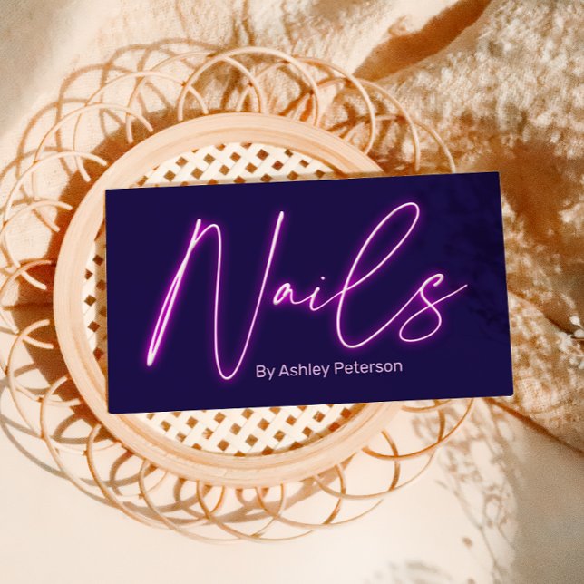 Carte De Visite Logo de script qr code (Modern glam purple neon nails script logo qr code business card)