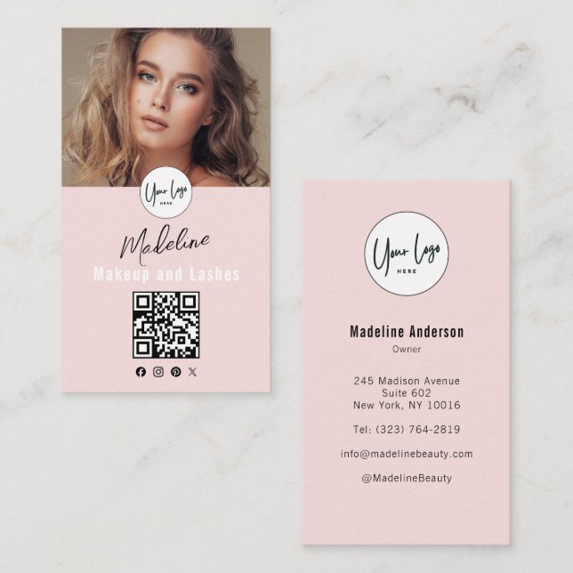 Carte De Visite Logo de script rose Blush Code QR Photo Lashes Stu (Devant / Derrière)