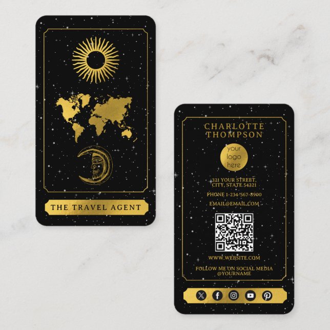 Carte De Visite Logo de Tarot céleste Agent de Voyage Black Gold (Devant / Derrière)