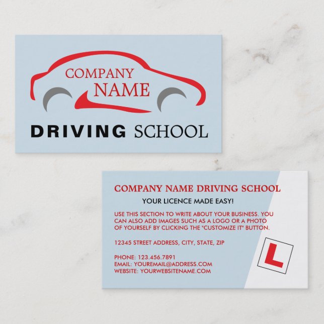 Carte De Visite Logo de voiture rouge, école de conduite, instruct (Devant / Derrière)