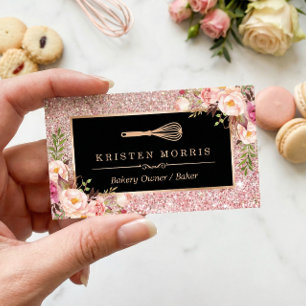 Carte De Visite Logo de Whisk Chef boulangerie   Floral Rose Gold 